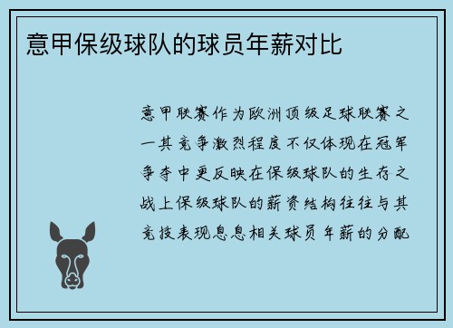 意甲保级球队的球员年薪对比